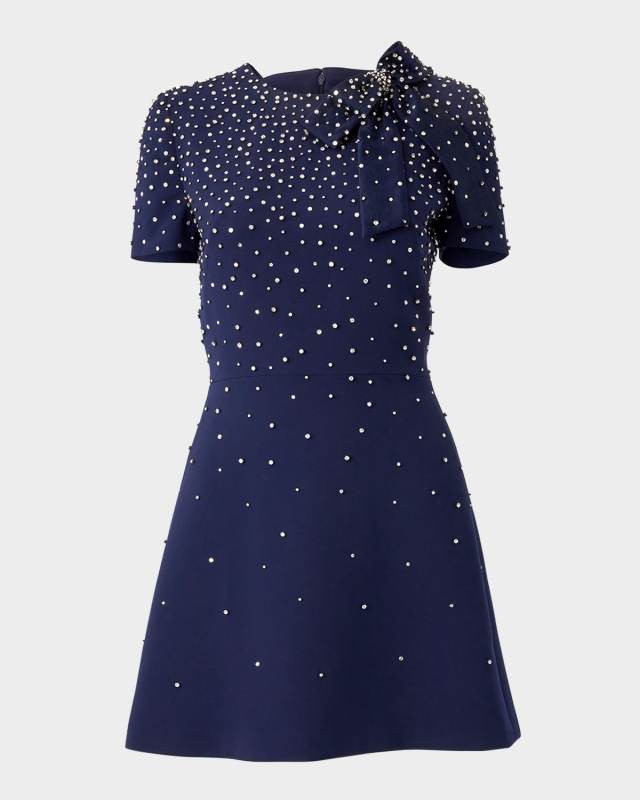 Crystal Bow Short-Sleeve Mini Dress